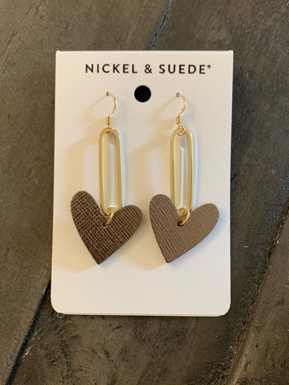 Nickel & Suede Taupe Heart Drop Earrings - bronze Accents